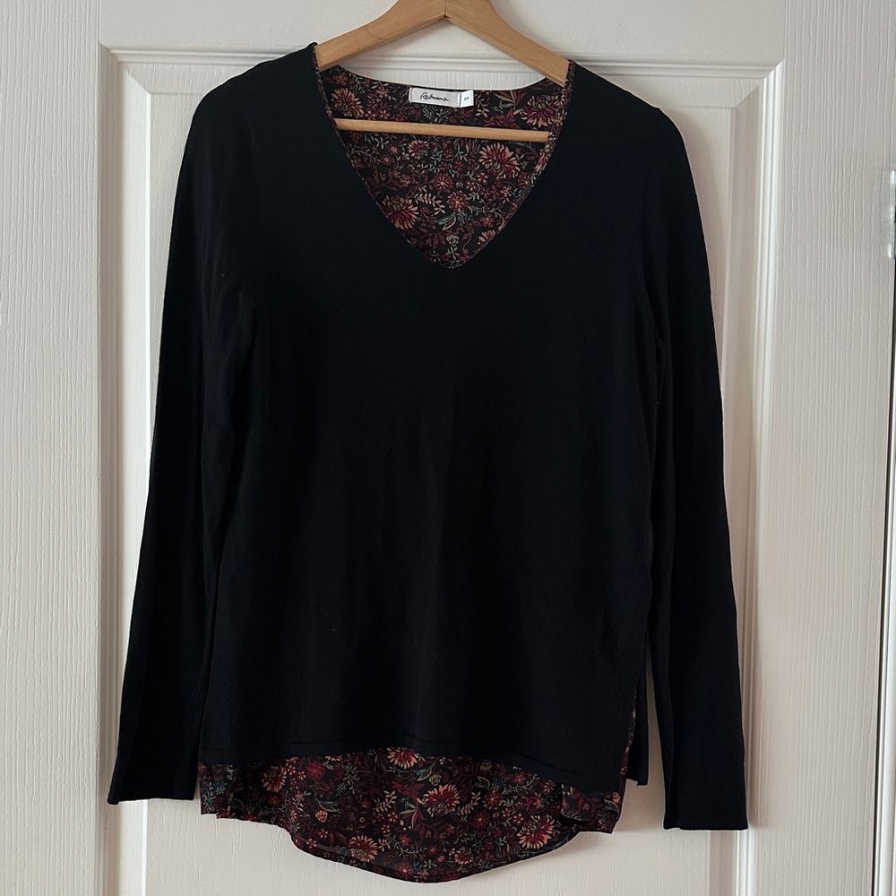 Reitmans Black Long Sleeve Top with floral print underlayer, size small